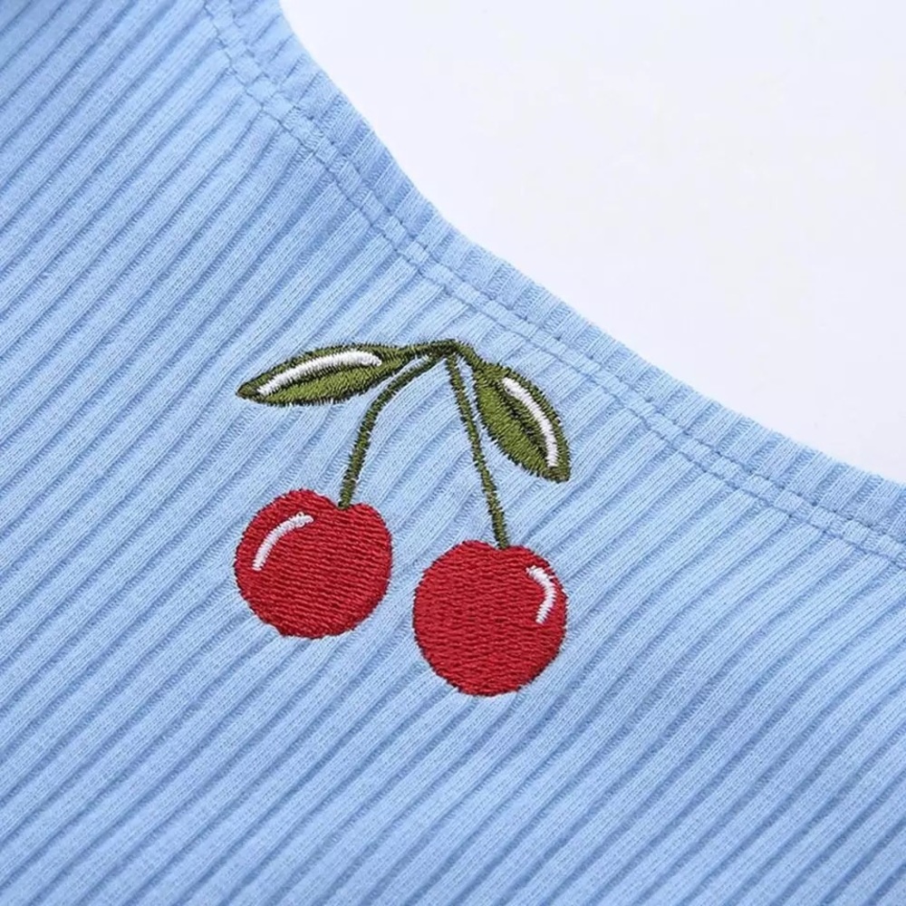 💙 light blue cherry ribbed ruffled crop top 💙 - Picture 3 of 4